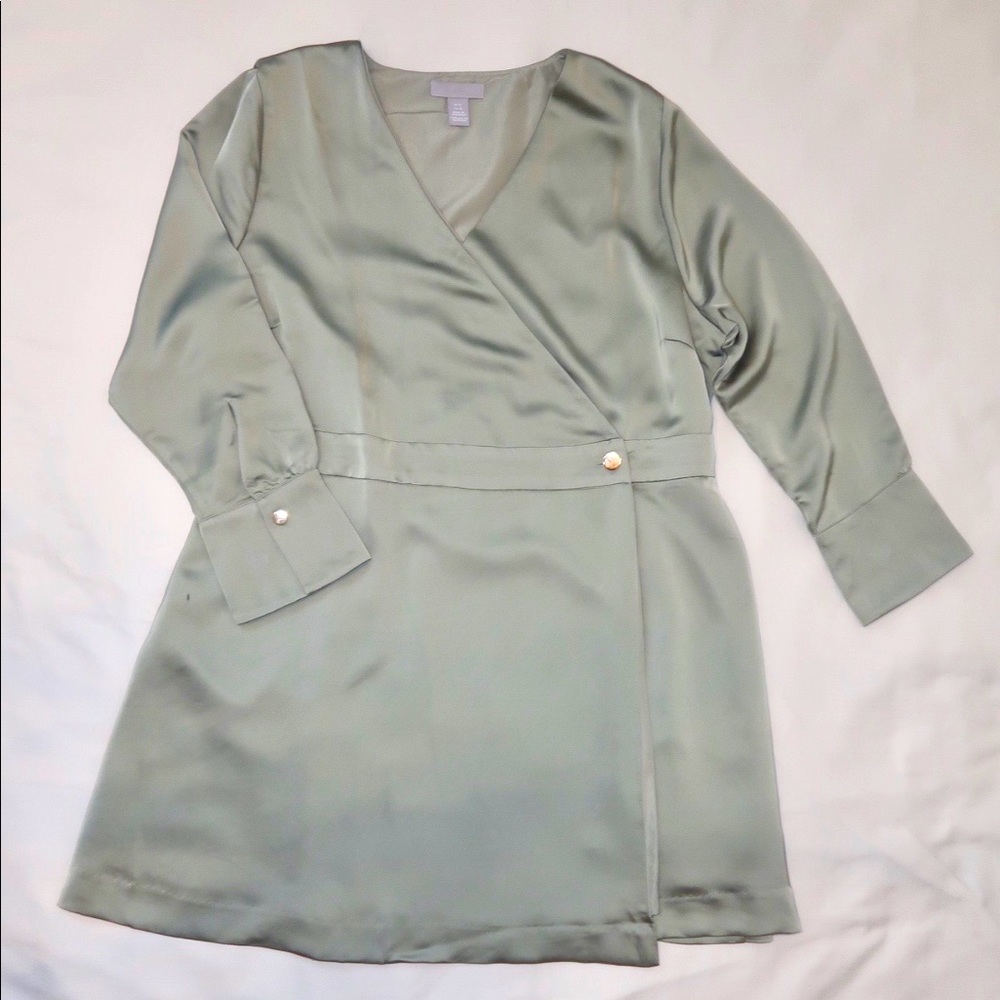 HM sage green long sleeve silk wrap dress